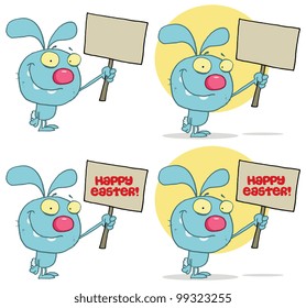Happy Rabbit Holding Up A Blank Sign. Vector Collection