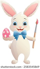 Happy rabbit holds an Easter egg and a brush in his hands during the Easter celebration. Vector illustration