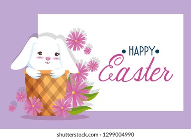 happy rabbit inside basket to easter card decoration