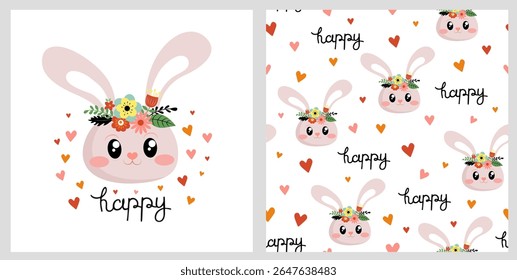 Happy Rabbit design isolado e padrão. Coelho bonito com coroa de flores e corações ao redor.