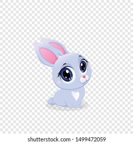 Happy Rabbit Isolated on Transparent Background. Little Easter Bunny with Kawaii Big Eyes Design Element for Baby Shower Greeting Card Cute Funny Forest Animal Hare Cartoon Vector Illustration Clipart