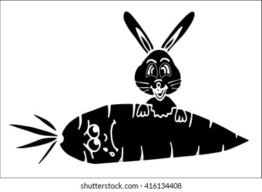 Happy Rabbit with a large carrot,doodle, vector illustration, hand drawing
