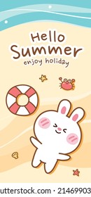 Happy Rabbit lying on sea beach hand drawn banner template.Hello summer background.Cartoon animal character design.Bunny,swiming ring,crab,shell doodle style.Image for card,poster.Vector.Illustration.