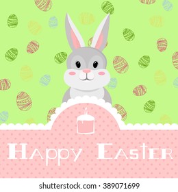 Happy rabbit on a background color of the eggs . Template Greetings from spring holiday " Happy Easter " Vector