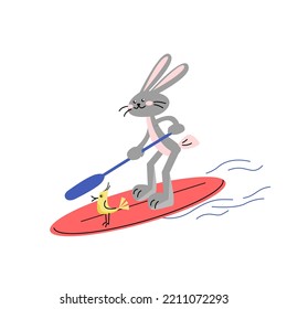 Happy rabbit is paddling with paddle board on the water. Sup boarding outdoor activity. Vector isolated colorful illustration in flat style.	