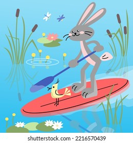 Feliz conejo remando con una tabla de remo en el agua. Actividad al aire libre. Ilustración vectorial colorida en estilo plano.