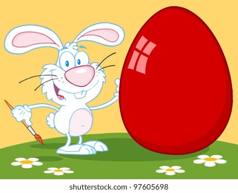 Happy Rabbit Painting Red Easter Egg Outdoors