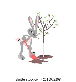 Feliz conejo plantando un árbol. Ilustración de color aislada por vectores en estilo plano.	