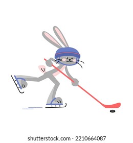Happy rabbit plays a hockey. Vector isolated colorful illustration in flat style.	