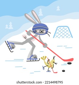 Happy rabbit plays a hockey. Vector colorful illustration in flat style.