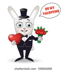 Happy rabbit with red heart and bouquet of flowers (red roses). Vector illustration isolated on white.