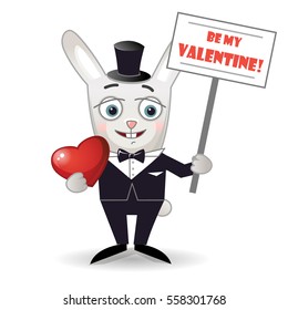 Happy rabbit with red heart and Valentine's sign. Vector illustration isolated on white.