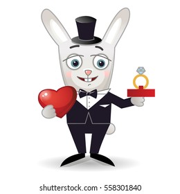 Happy rabbit with a red heart and wedding ring. Vector illustration isolated on white.
