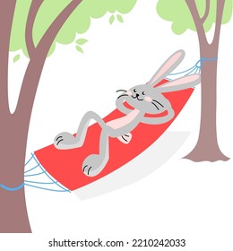 Feliz conejo descansando en hamaca en el jardín. Ilustración de color aislada por vectores en estilo plano.	