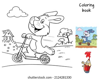 Happy rabbit riding a scooter. Coloring book. Cartoon vector illustration