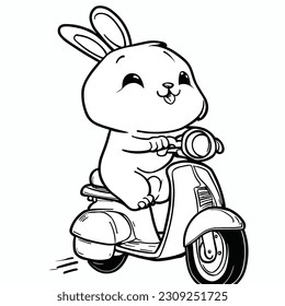 Happy rabbit riding a scooter. Coloring book. Cartoon vector illustration coloring book.