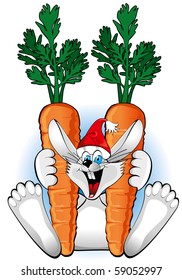 Happy Rabbit in Santa hat with a two large carrot (symbol of the new year 2011 )