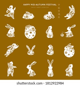 Happy rabbit set. “Happy mid-autumn festival” in chinese language. Flat bunny collection