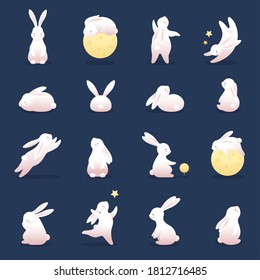 Happy rabbit set. Mid-autumn festival elements. Flat bunny collection. Vector illustration 