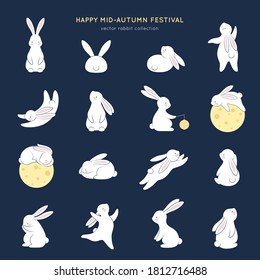 Happy rabbit set. Mid-autumn festival elements. Flat bunny collection. Vector illustration 