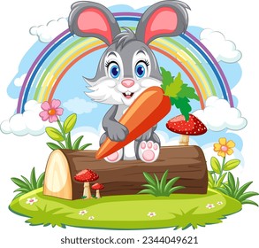 A happy rabbit sits on a natural background, holding a carrot in its paws
