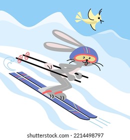 Happy rabbit skiing downhill. Vector colorful illustration in flat style.	