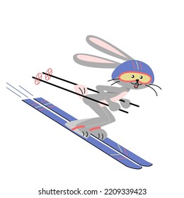 Happy rabbit sking down hill . Vector isolated colorful illustration in flat style.	