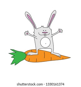 A happy rabbit is standing on a big carrot. Vector illustration.