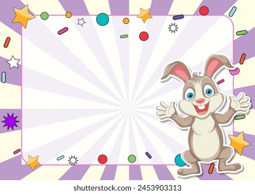 Happy rabbit surrounded by stars and colorful decorations.