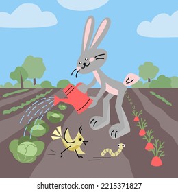 Happy rabbit watering vegetables. Vector colorful illustration in flat style.	
