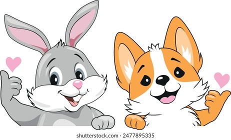 Happy rabbit and welsh corgi dog. Vector