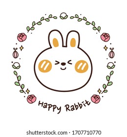 Happy rabbit writing.Rose and leaf frame with cute face rabbit hand drawn on white background.Vector.Illustration.