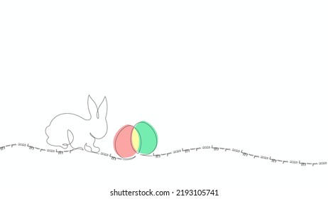 Happy Rabbit year vector illustration. Continuous line drawing art with Happy New Year 2023 lettering and egg.