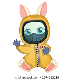 Happy rabbit in yellow protective suit.Cartoon vector illustration.Good protection suit. 