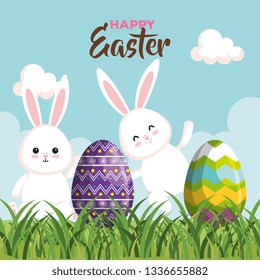 happy rabbits with easter eggs decoration