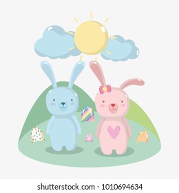 happy rabbits easter with eggs design