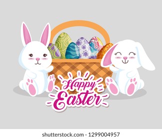 happy rabbits with eggs decoration inside basket