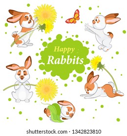 Happy rabbits enjoy the arrival of spring, play with dandelions and a butterfly. A set of different poses of playing rabbits.