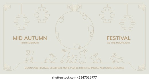 happy rabbits family celebrate mid autumn and chuseok festival on roof oriental style one line drawing with full moon and lanterns decorated for banner,background,card,printing,etc.