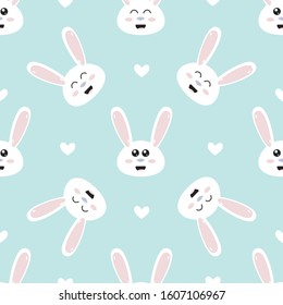 Happy rabbits on blue background. Seamless pattern