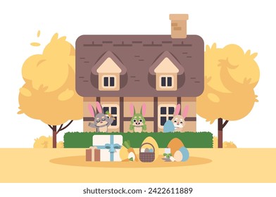 Happy rabbits in the yard of their house preparing for Easter holidays. Kids vector illustration