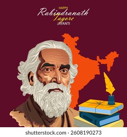 Happy Rabindranath Tagore Jayanti Illustration – Indian Map, Books and Feather Pen with Poet Portrait – Cultural Poster Celebrating Indian Literature and Legacy