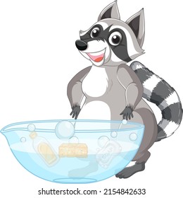 Happy raccoon and big bowl illustration