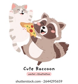 Happy Raccoon e gato compartilhando pizza desenho animado vetor ilustração