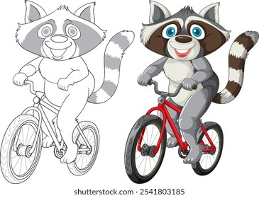 Happy raccoon ciclismo em uma bicicleta vermelha