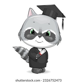 Happy raccoon in a graduation dress and a cap. Cute cartoon vector illustration of an animal on white background.