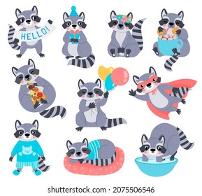 Happy raccoon mascot characters for kids birthday. Racoon superhero. Cute cartoon raccoons with balloon, eat pizza and wash hands vector set. Pet holding present box, drinking cocoa