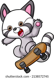 The happy raccoon is playing and rolling with the skateboard of illustration