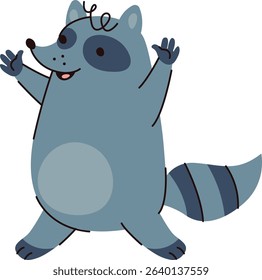 A happy raccoon with raised arms in a playful cartoon style. The raccoon is depicted with a joyful expression and simple lines. Cartoon vector illustration.