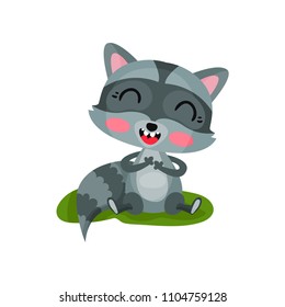 Happy raccoon sitting on green grass and laughing. Flat vector icon of wild forest animal with pink cheeks and striped tail